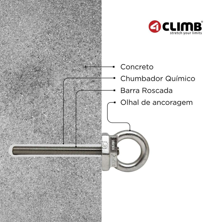 Kit 60 Unidades de Olhal Ancoragem + 60 Barras 14cm Inox + 4 Chumbador Químico WQI 44 345ml Linha De Vida 25kn + BRINDE Porcas e Arruelas