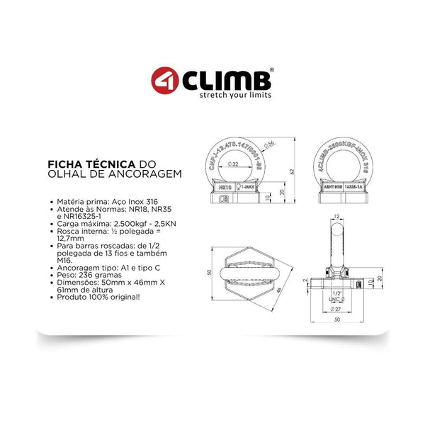 Kit 24 Unidades de Olhal Ancoragem + 24 Barras 14cm Inox + 2 Chumbador Químico WQI 44 345ml Linha De Vida 25kn + BRINDE Porcas e Arruelas