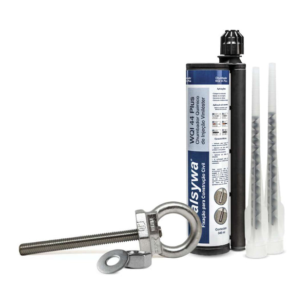 Kit 50 Unidades de Olhal Ancoragem + 50 Barras 14cm Inox + 4 Chumbador Químico WQI 44 345ml Linha De Vida 25kn  + BRINDE Porcas e Arruelas