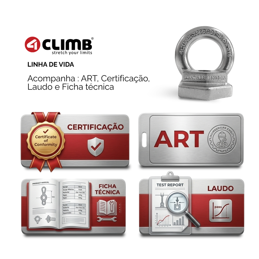 Kit Olhal Ancoragem e Barra 14cm Inox Linha De Vida 25kn