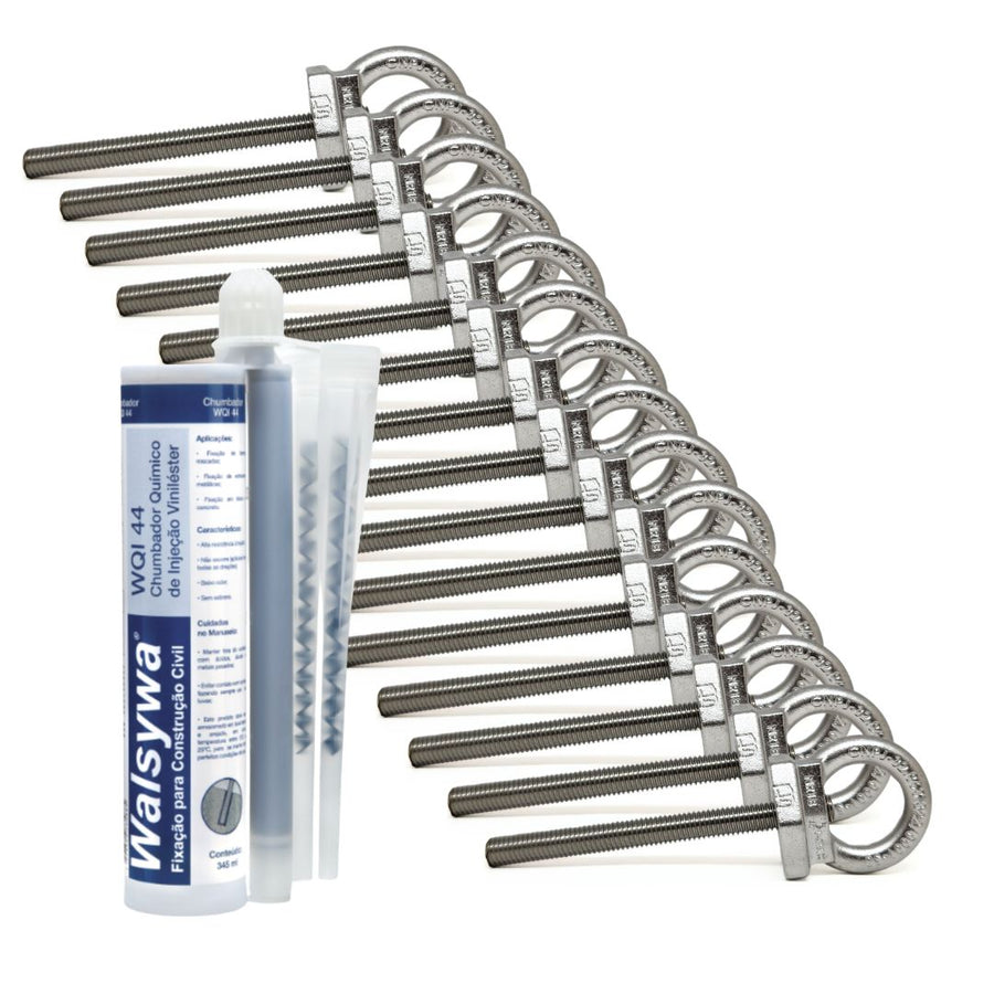 Kit 10 Unidades de Olhal Ancoragem + 10 Barras 14cm Inox + Chumbador Químico WQI 44 345ml Linha De Vida 25kn