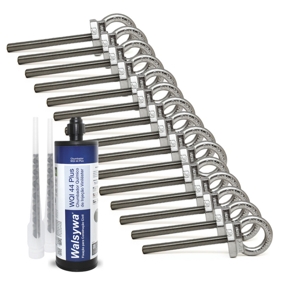 Kit 10 Unidades de Olhal Ancoragem + 10 Barras 14cm Inox + Chumbador Químico WQI 44 345ml Linha De Vida 25kn