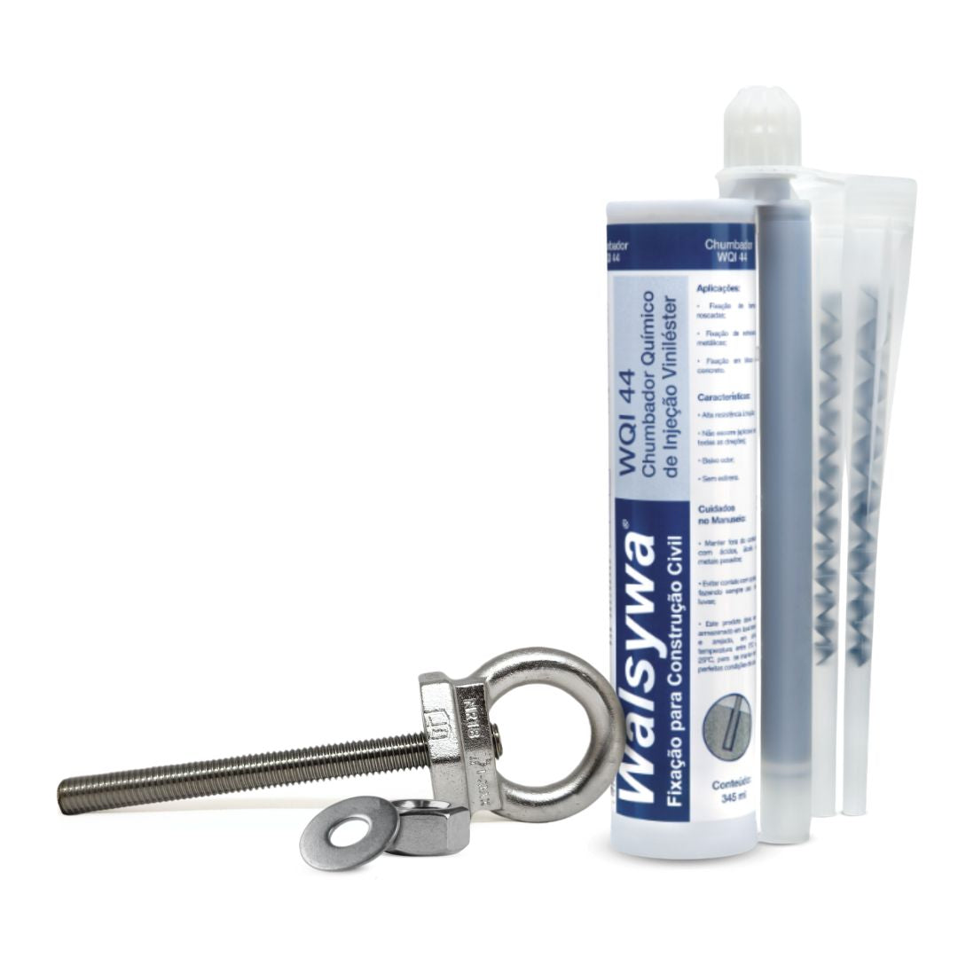 Kit 60 Unidades de Olhal Ancoragem + 60 Barras 14cm Inox + 4 Chumbador Químico WQI 44 345ml Linha De Vida 25kn + BRINDE Porcas e Arruelas