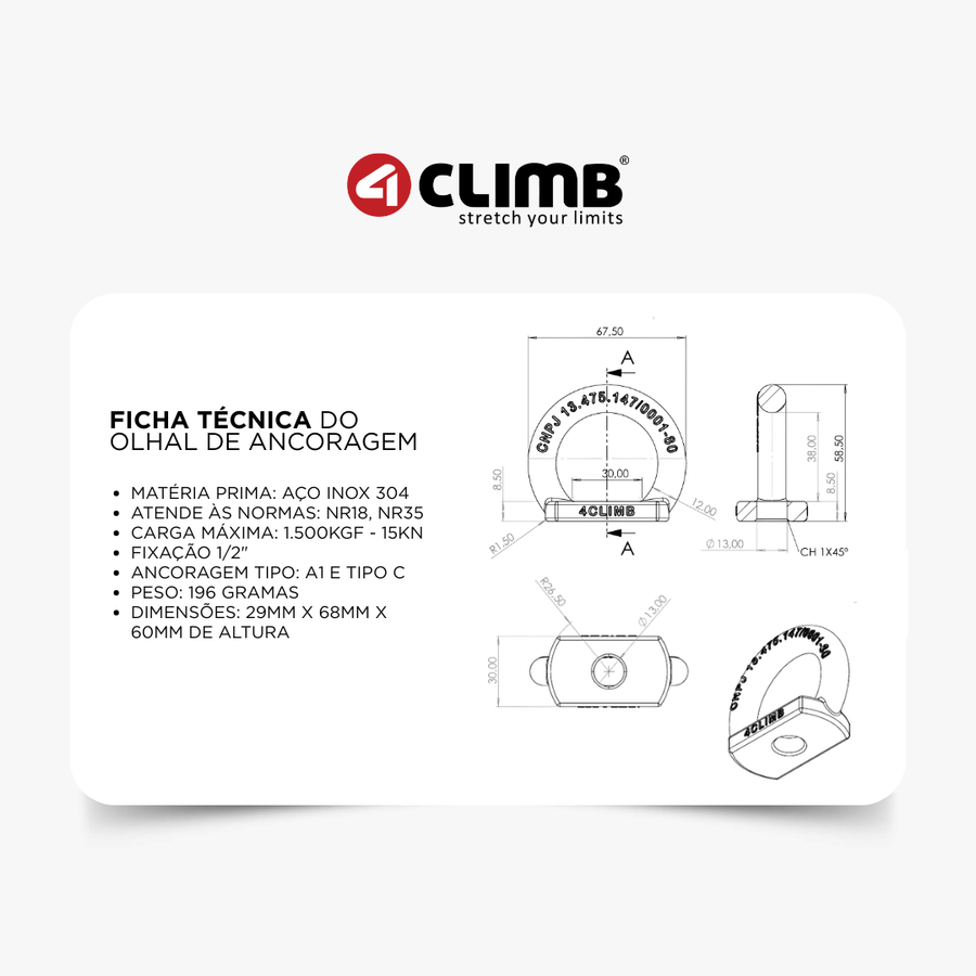 Kit 4Und Olhal de Ancoragem Aço Inox 304 1.500 kgF / 15kn Linha Profissional 4climb